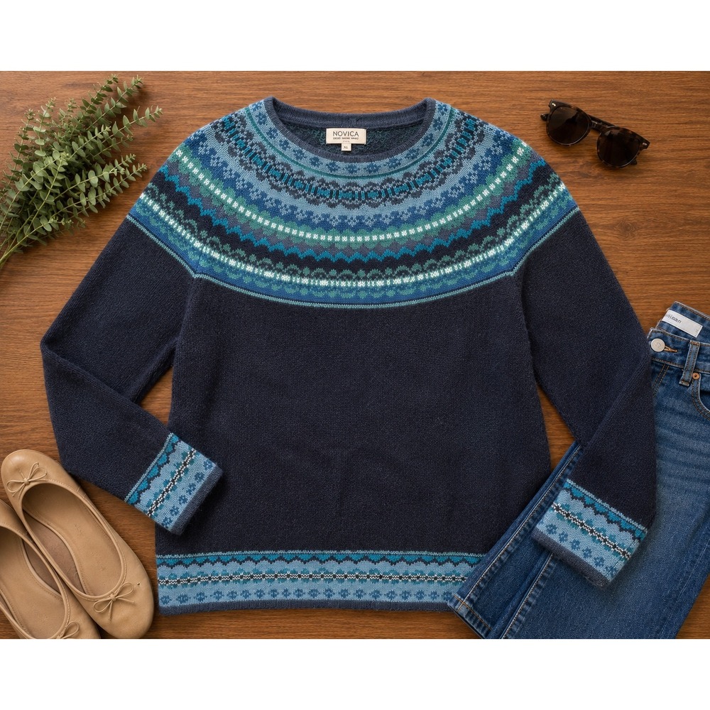 Novica 100% Alpaca Fair Isle Sweater Womens XL Blue Nordic Peru Knit